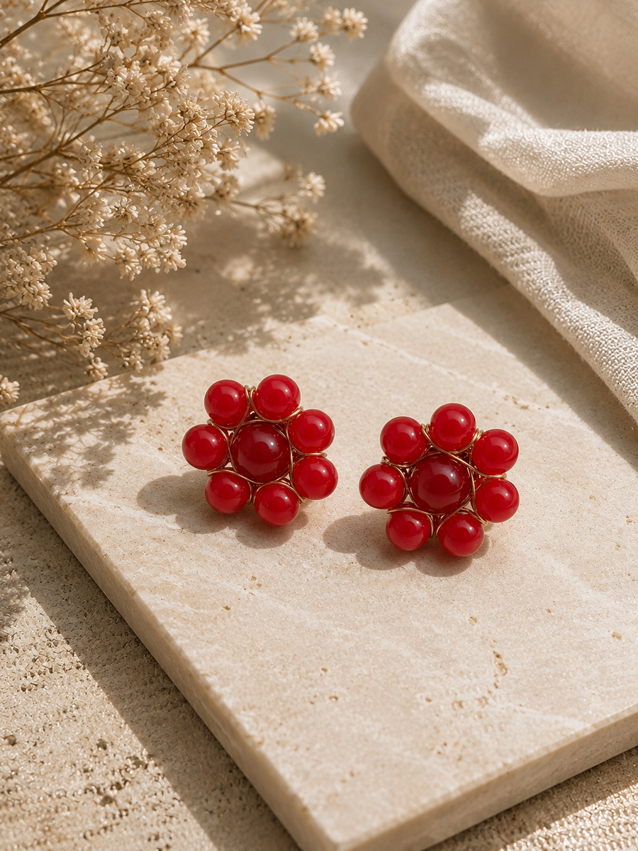 Ruby Blossom Beaded Stud Earrings