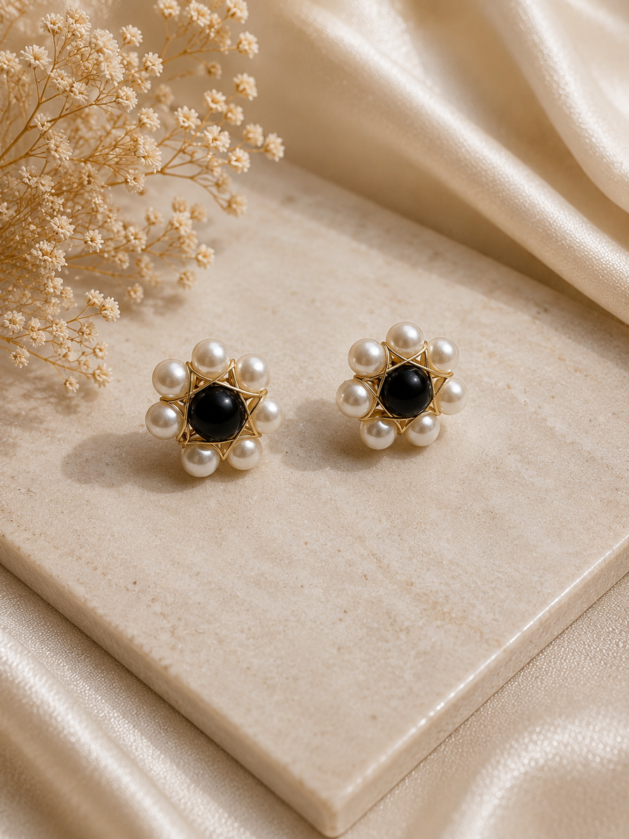 Midnight Pearl Blossom Stud Earrings