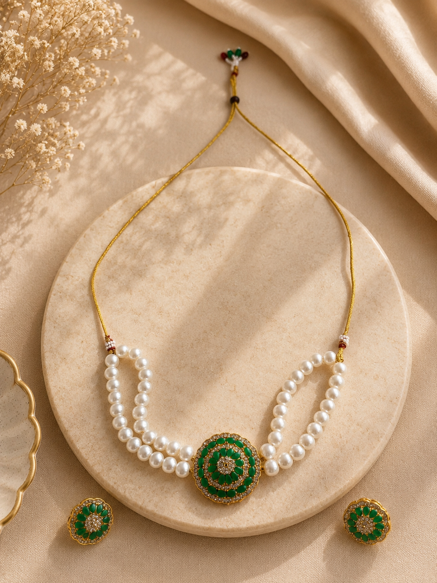 Emerald Bloom Pearl Necklace Set