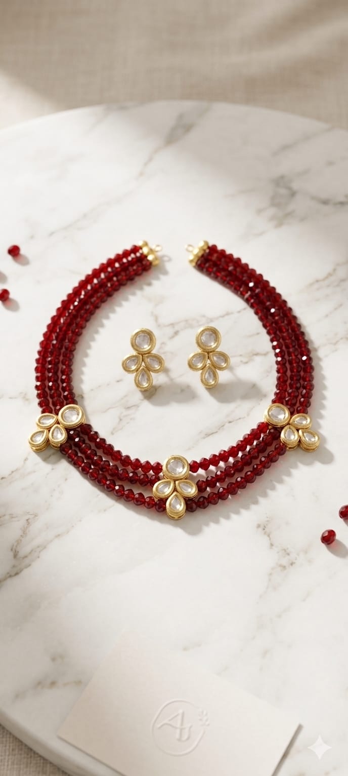 Maroon Bead & Kundan Choker Necklace